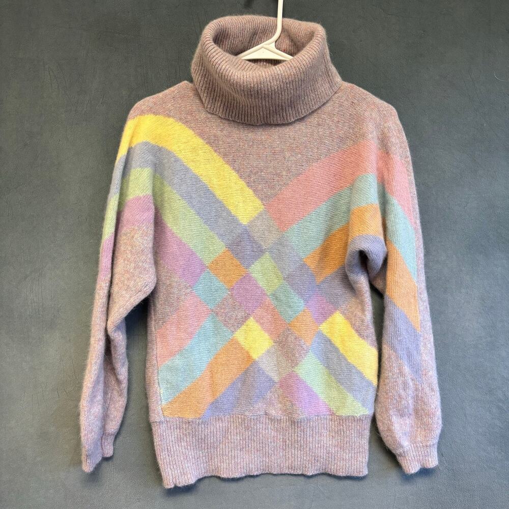 Vintage Lambswool Rabbit Hair Turtleneck Sweater Pastel Geometric 80s 90s